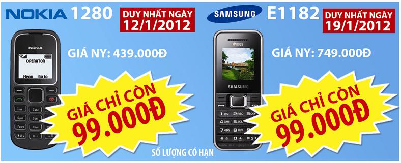 Mua điện thoại Nokia 1280, Samsung E1182 với giá chỉ 99.000 đồng.